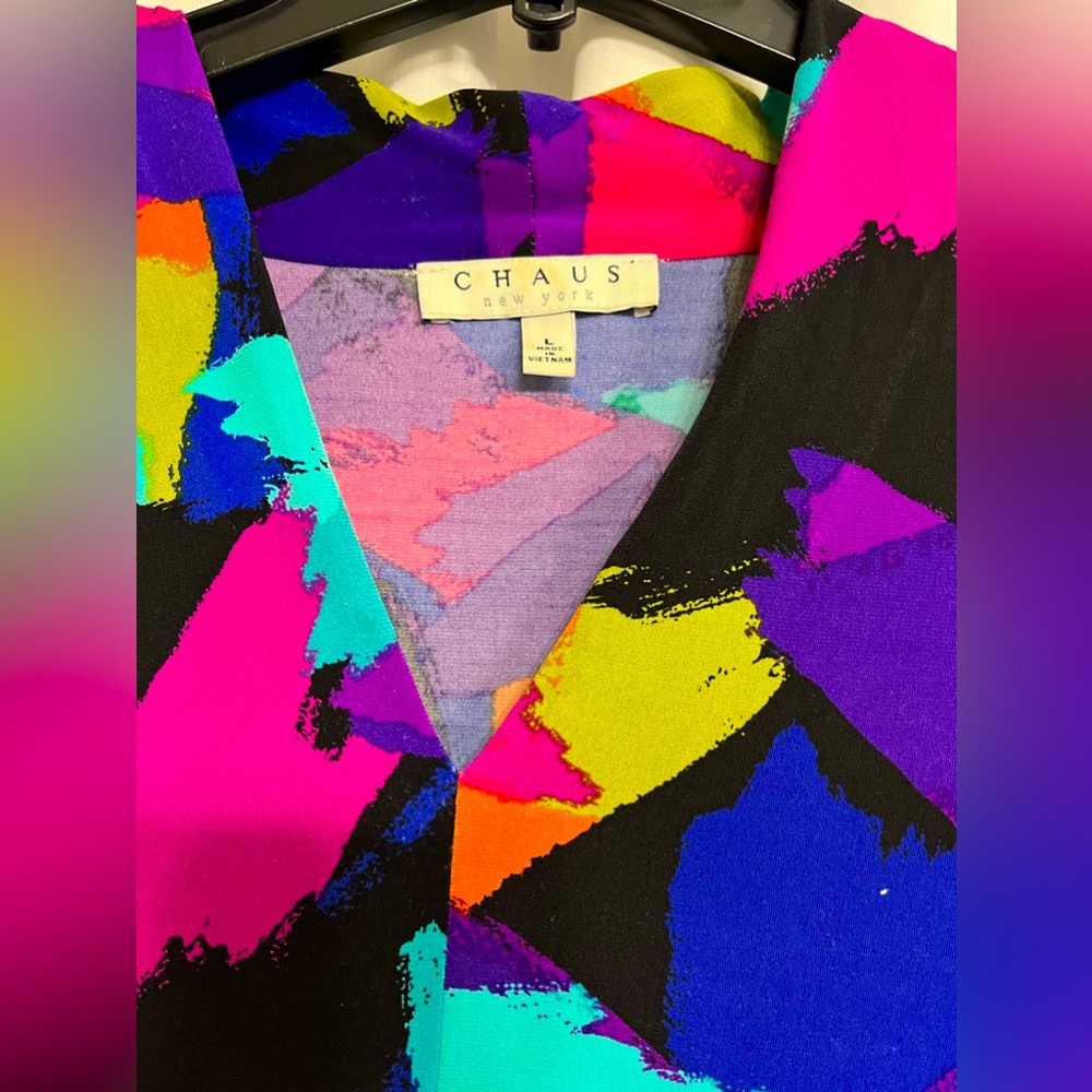 Vintage Womens Chaus New York blouse color block 80s 90s asymmetric shirt L vtg